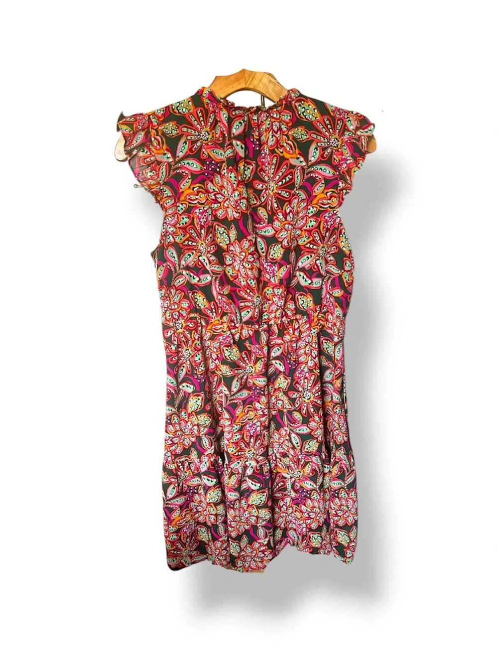 J. Crew Pink/ Green V- Ruffled Neck Mini Dress Size 6.